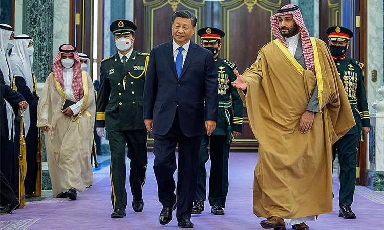Saudi Arabia’s crown prince Mohammed Bin Salman (right) welcomes Chinese president Xi Jinping to Riyadh. AFP