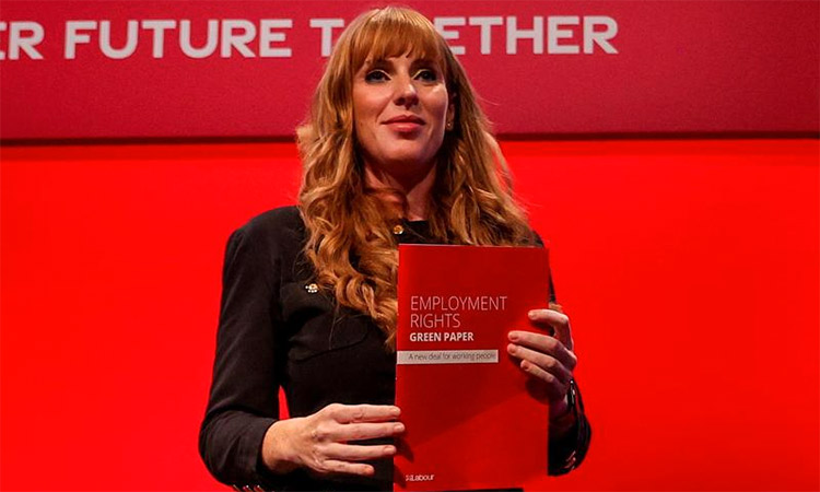 Britain's Labour Party Deputy Leader Angela Rayner holds the "Employment Rights Green Paper" during Britain's Labour Party annual conference in Brighton. Reuters