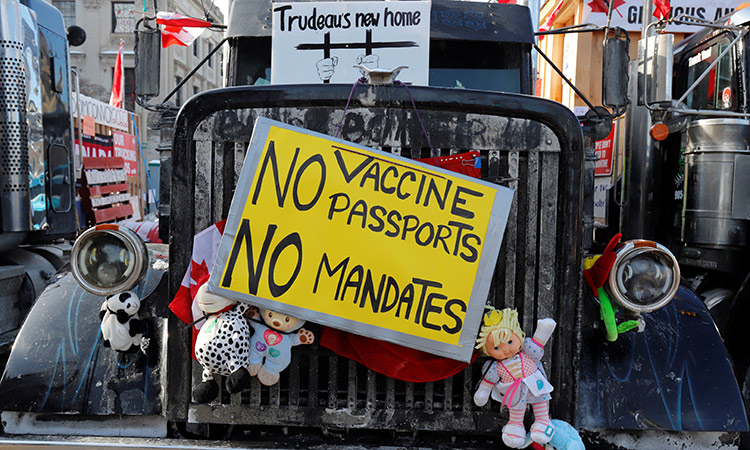 A truck sits near Parliament Hill as truckers and their supporters continue to protest COVID-19 vaccine mandates in Ottawa, Ontario, Canada, on Feb.7. 
