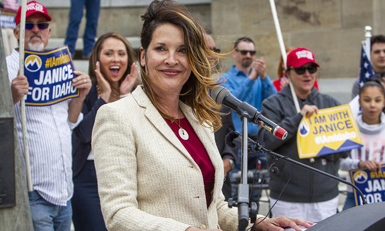 Janice McGeachin speaks at a rally on the Statehouse steps in Boise, Idaho. File/AP