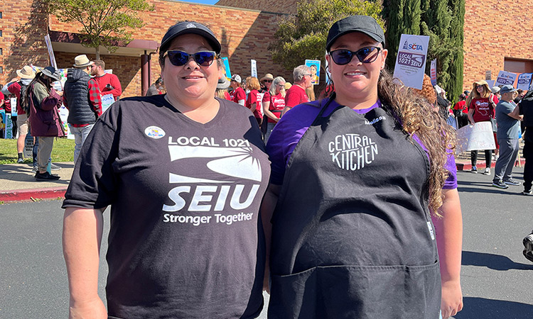 Katie Santora (left), and daughter Melissa both work in public school cafeterias in Sacramento are on strike for better staffing and higher wages, among other concerns. Tribune News Service