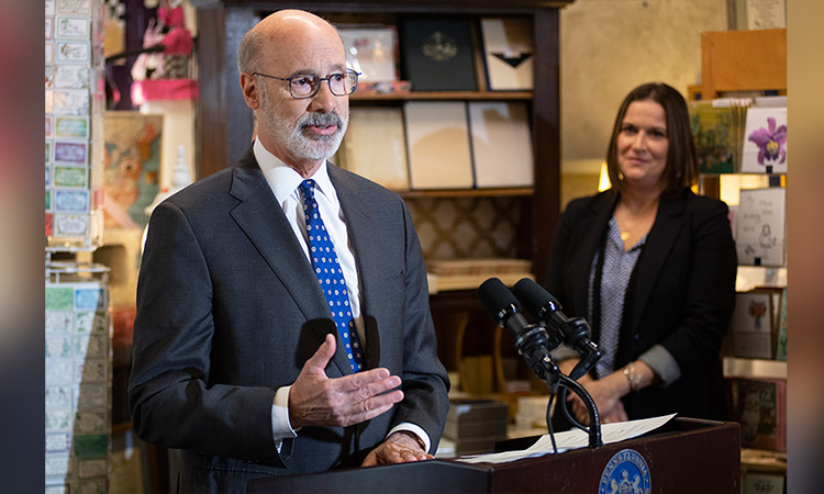 Pennsylvania Governor Tom Wolf addresses a crowd during an event at the Nittany Quill in State College, Pennsylvania. File/AP