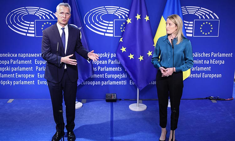 European Parliament President Roberta Metsola (right) welcomes NATO Secretary General Jens Stoltenberg at the European Parliament in Brussels. AFP