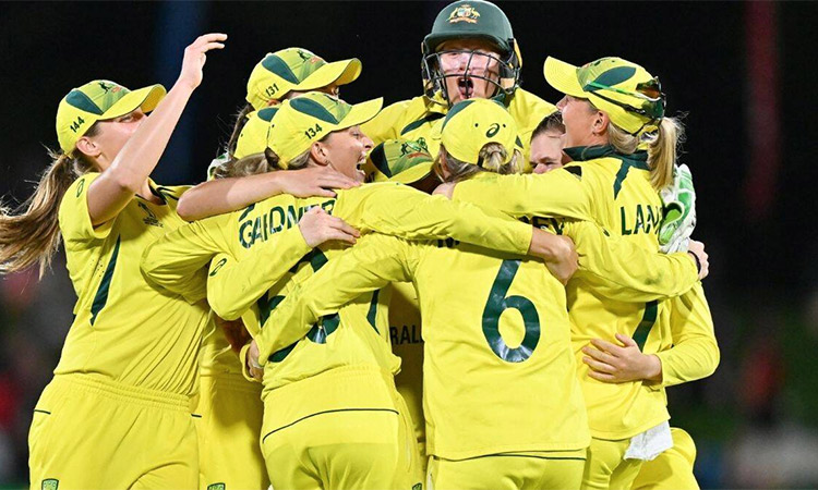 Australian team celebrate victory in the final of the ICC Women Cricket World Cup.