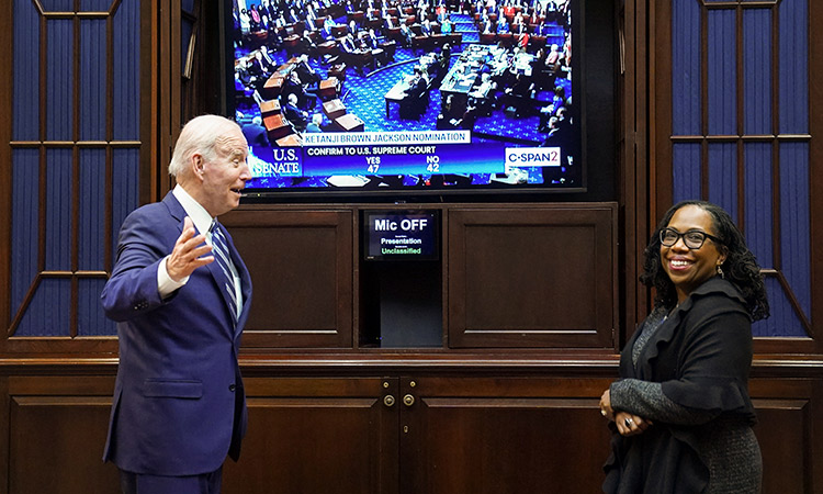 US President Joe Biden and Judge Ketanji Brown Jackson watch as the Senate votes to confirm her to the US Supreme Court, from the Roosevelt Room at the White House in Washington US. 