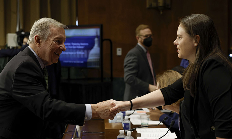 Senate Judiciary Chairman Richard Durbin (left) greets Amy Swearer before a hearing on ‘Protecting America’s Children From Gun Violence’ with the Senate Judiciary Committee at the US Capitol in Washington. AFP