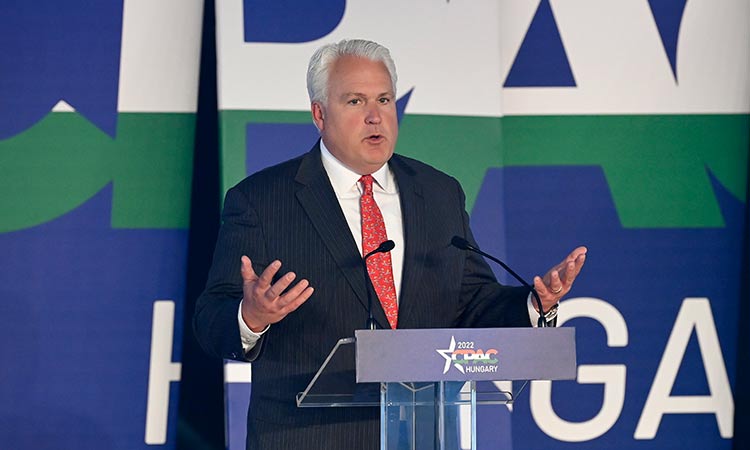 The chairman of the Conservative Political Action Coalition (CPAC), Matt Schlapp, delivers the welcome speech at the CPAC conference in Budapest, Hungary. AP