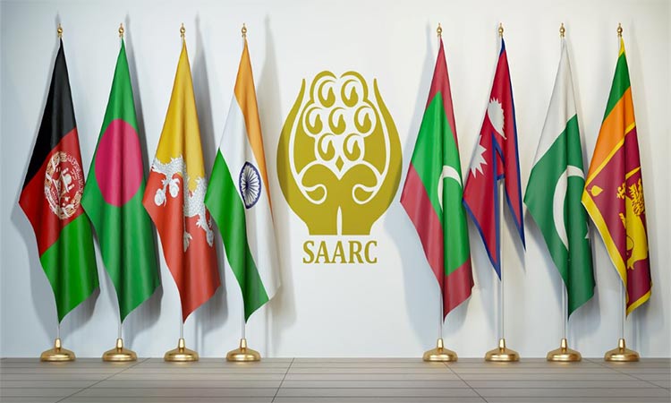 Flags of SAARC member countries are arranged with the official logo of the organisation in the middle.