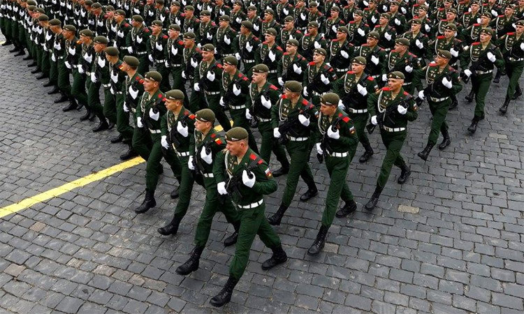Russian service members march during a military parade on Victory Day, which marks the 76th anniversary of the victory over Nazi Germany in World War Two, in Red Square in central Moscow. File/Reuters