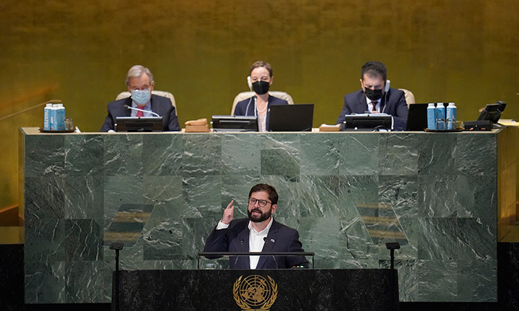 President of Chile Gabriel Boric Font addresses the 77th session of the General Assembly at United Nations headquarters.  Associated Press