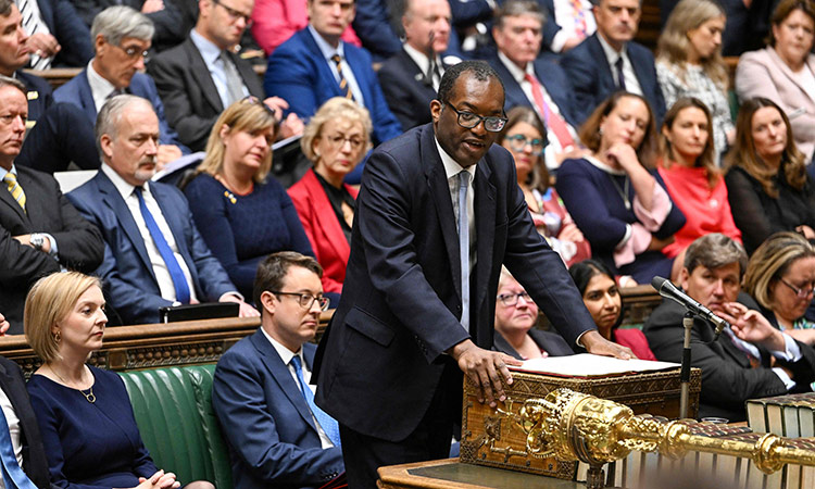 Britain’s Chancellor of the Exchequer Kwasi Kwarteng unveils an anti-inflation budget plan at the House of Commons in London.  File/Reuters