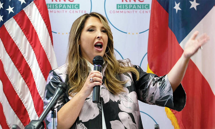 Republican National Committee Chair Ronna McDaniel speaks to a packed room at the opening of the RNC's new Hispanic Community Center on June 29 in Suwanee, Georgia. File/AP