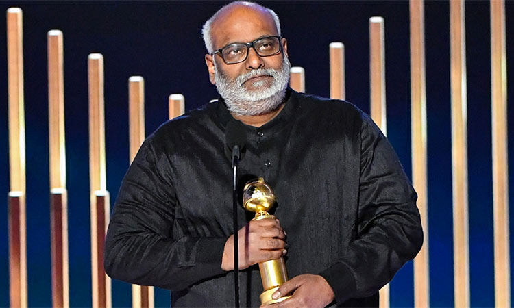 MM Keeravaani with his award at The Beverly Hilton hotel in Beverly Hills, California. Reuters