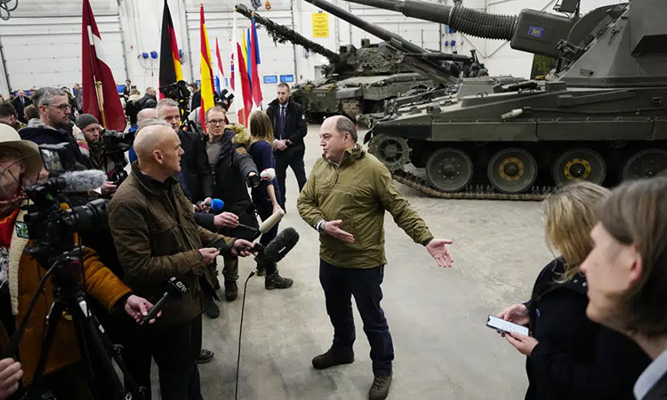 Britain’s Defence Secretary Ben Wallace speaks to the media during his visit to the Tapa Military Camp in Estonia. File/AP
