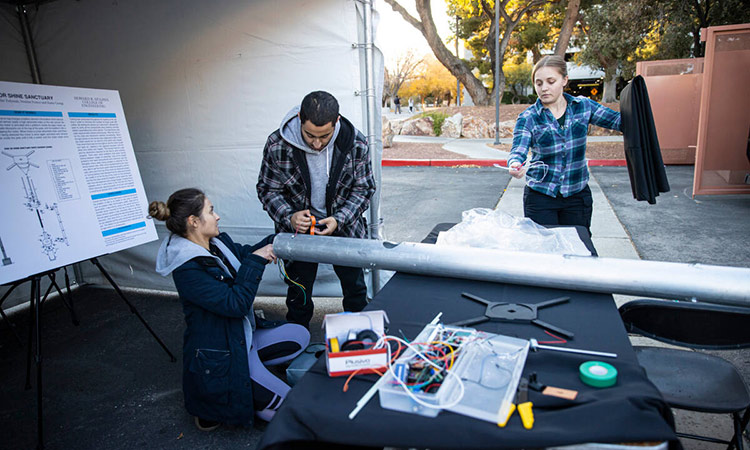 UNLV students set up their Rain or Shine Sanctuary project for UNLV’s Fred & Harriet Cox Senior Design Competition for engineering and computer science in Las Vegas. Tribune News Service