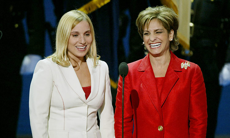 Olympic gold medal winning gymnasts Mary Lou Retton (R) and Kerri Strug address the delegates at the Republican National Convention at Madison Square Garden in New York City. AFP