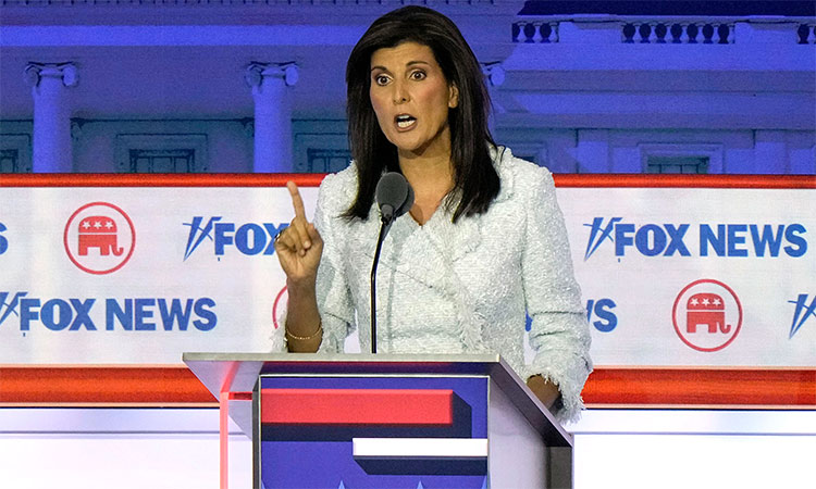 Nikki Haley speaks during a Republican presidential primary debate hosted by FOX News Channel. AP