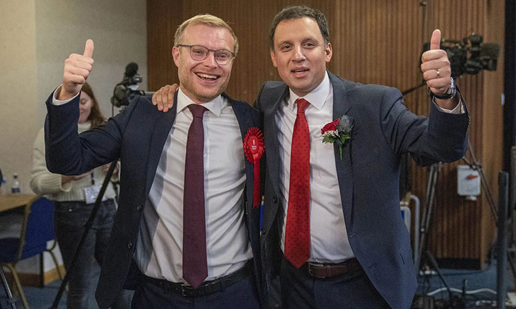 Scottish Labour leader Anas Sarwar with candidate Michael Shanks after Labour won the Rutherglen and Hamilton West by-election, at South Lanarkshire Council Headquarters in Hamilton.  File/Associated Press