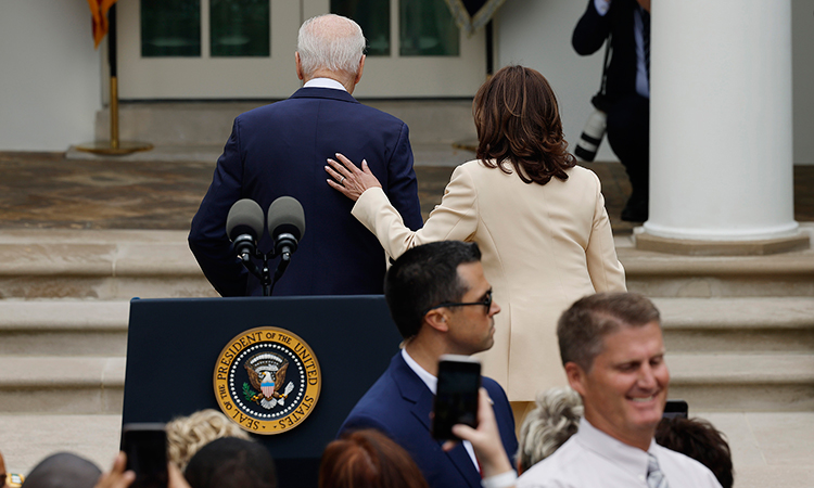 President Joe Biden (left) and Vice President Kamala Harris return to the Oval Office at the conclusion of an event marking National Small Business Week in the Rose Garden at the White House, in Washington, DC. Tribune news Service