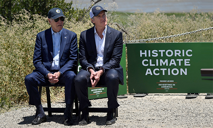 US President Joe Biden (left) and California Governor Gavin Newsom at the Lucy Evans Baylands Nature Interpretive Center in Palo Alto, California. AFP