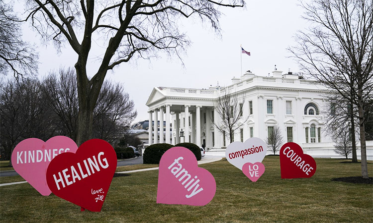 Valentine’s Day decorations sit on the North Lawn of the White House. AP