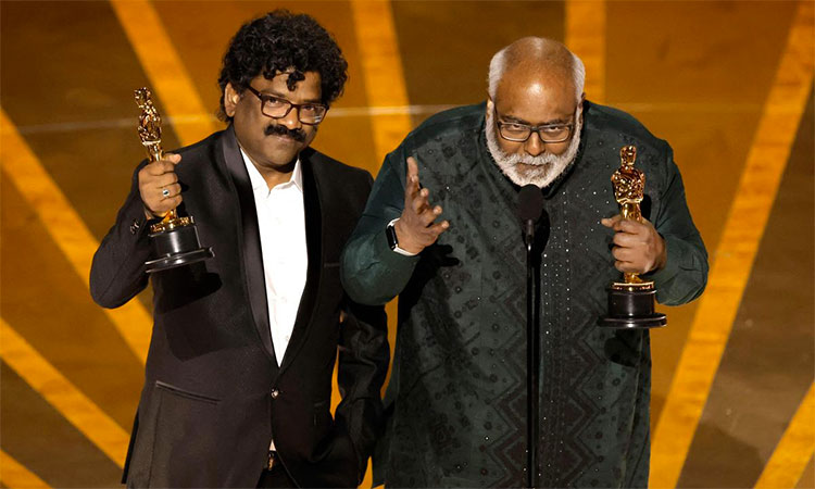 Chandrabose and M. M. Keeravani accept the Best Original Song award for ‘Naatu Naatu’ from “RRR” onstage during the 95th Annual Academy Awards at Dolby Theatre in Hollywood, California. Photo Credit: KEVIN WINTER Via Twitter
