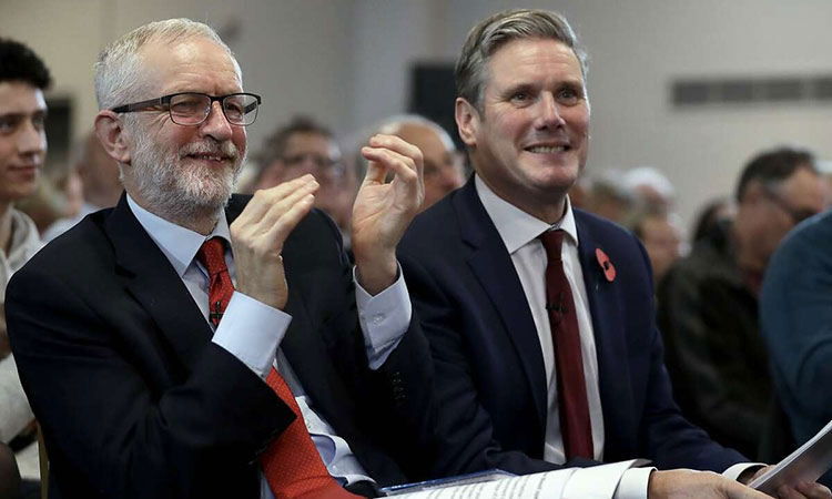 Jeremy Corbyn (left) and Keir Starmer speech during their election campaign event on Brexit in Harlow, England. File/AP