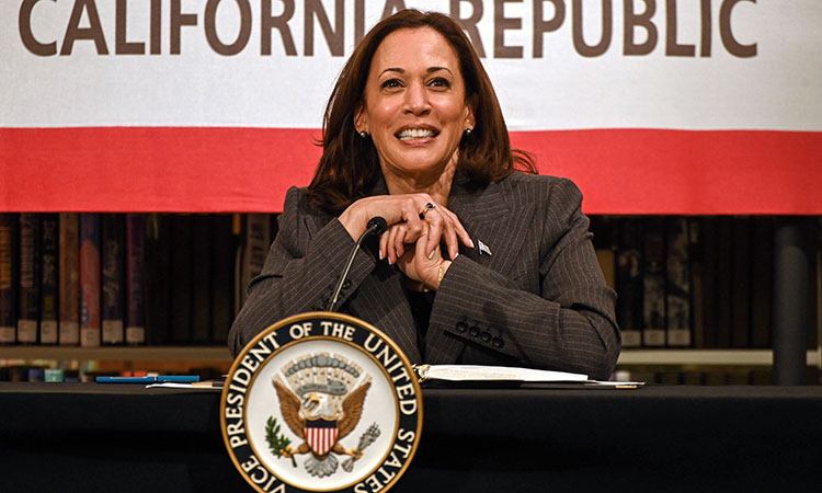 US Vice President Kamala Harris takes part in a roundtable to highlight the Administration’s investments Asian American and Pacific Islander small businesses, at the Chinatown public library in San Francisco, California on Friday.  Agence France-Presse