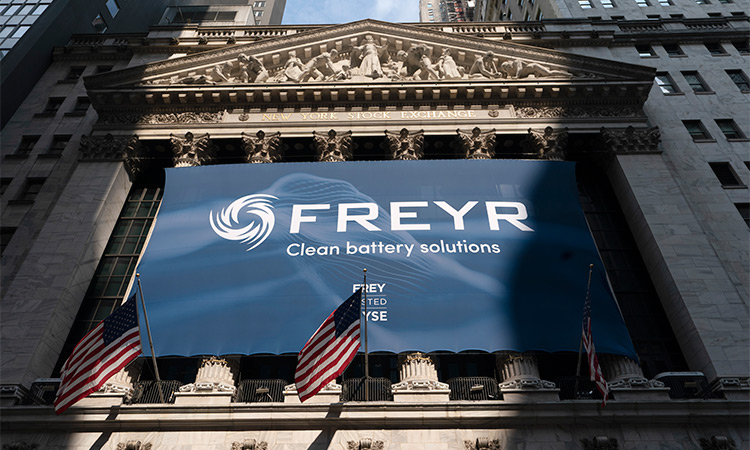 A banner for Norway’s battery cell startup Freyr hangs on the facade of the New York Stock Exchange to mark the company listing on July 8, 2021.   AP