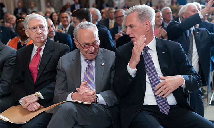 Mitch McConnell, (left) Chuck Schumer and Speaker of the House Kevin McCarthy, at the Capitol in Washington, on Wednesday. Associated Press