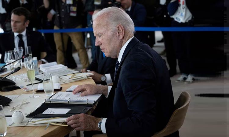 Joe Biden attends a meeting during the G7 Leaders' Summit in Hiroshima. Reuters