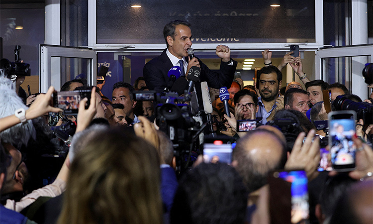 Greek Prime Minister and New Democracy Conservative party leader Kyriakos Mitsotakis speaks outside the party's headquarters, after the general election, in Athens, Greece. Reuters