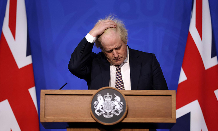 Boris Johnson gestures as he attends a media briefing on a Covid-19 update in the Downing Street briefing room in central London.  File/Agence France-Presse