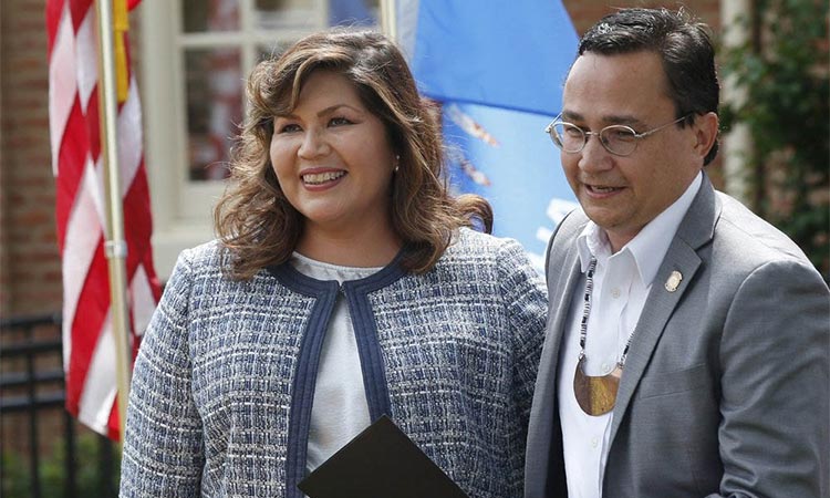 Chuck Hoskin Jr. (right), stands with Kimberly Teehee after his announcement that he is nominating Teehee as a Cherokee Nation delegate to the US House, in Tahlequah, Oklahoma. File/Associated Press