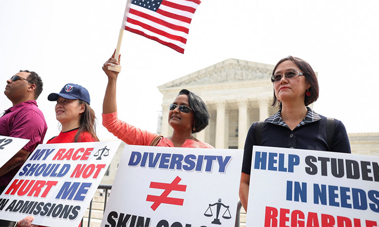 Demonstrators in Washington respond to the US Supreme Court decision to strike down race-conscious student admissions programmes.
