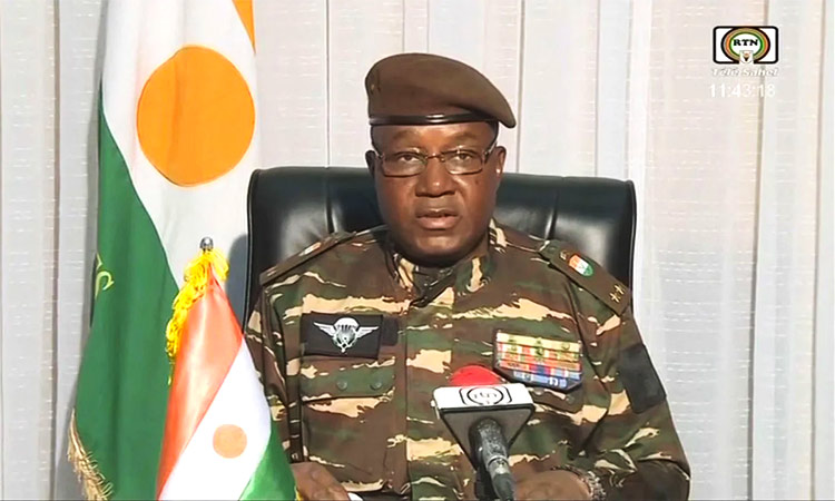 This video frame grab image obtained by AFP from Télé Sahel on Friday shows Gen. Abdourahamane Tiani, speaking on national television. AFP