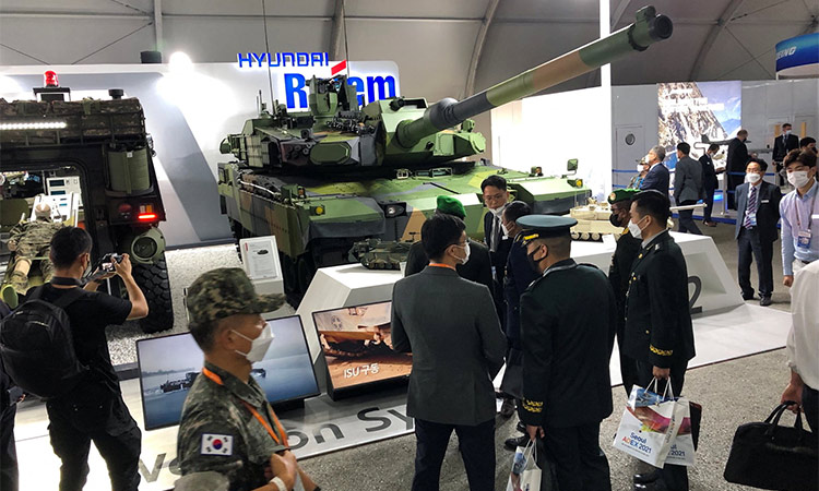 A K2 Black Panther tank manufactured by South Korea's Hyundai Rotem is displayed at the Seoul International Aerospace & Defense Exhibition, Seoul, South Korea. File/Reuters