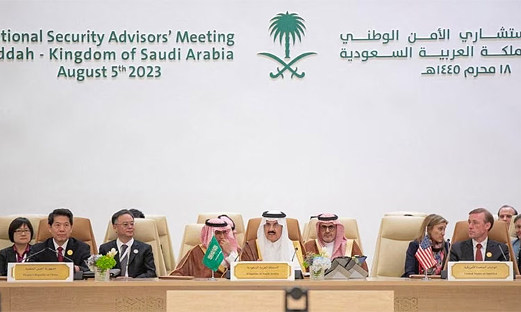 A handout picture provided by the Saudi Press Agency (SPA) on Aug. 6, 2023 shows Saudi Arabia's National Security advisor and Minister of State Musaad bin Mohammed al-Aiban (C) speaking during a National Security advisors' meeting in Jeddah.