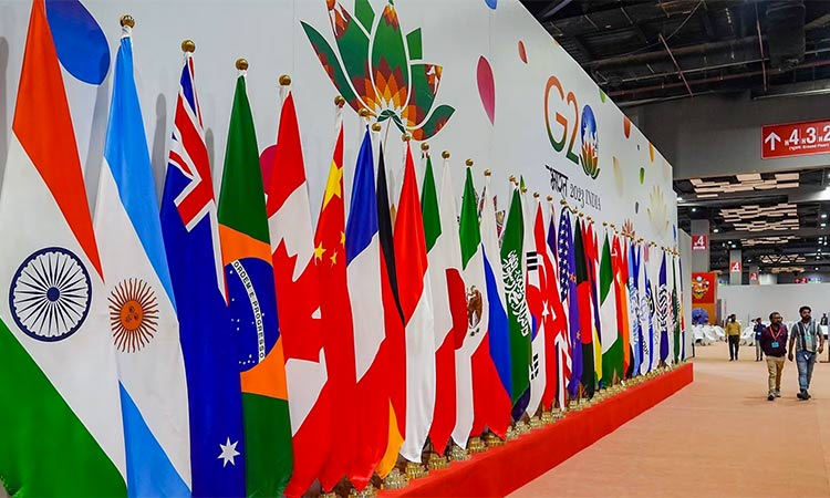 Flags of the G20 member states on display at the International Media Centre, New Delhi.