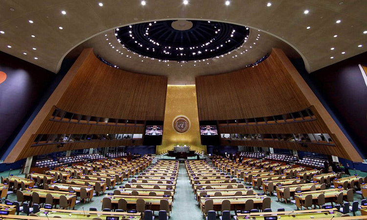 The UN General Assembly Hall is empty before the start of the SDG Moment event as part of the UN General Assembly 76th session General Debate at United Nations Headquarters, in New York.  File/Reuters