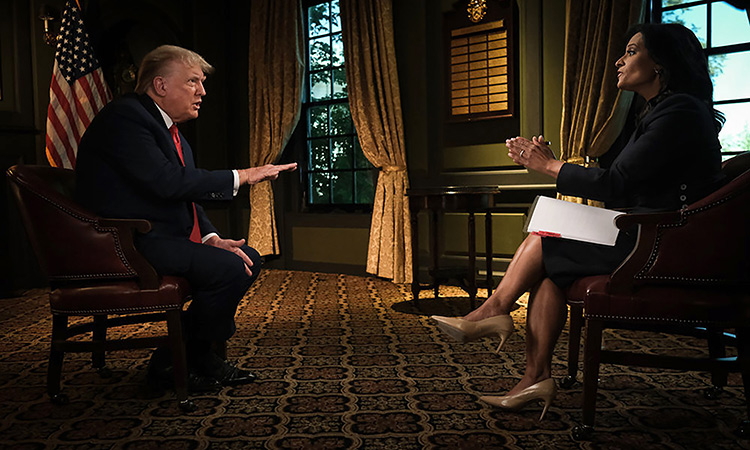 Former President Trump with Kristen Welker in an interview that aired on “Meet the Press.” The journalist took over as moderator of the NBC show on Sunday. (William B. Plowman/NBC/TNS)