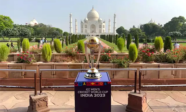 The ICC Men’s Cricket World Cup 2023  trophy sits against the background of Taj Mahal in Agra, India. (Image via X)