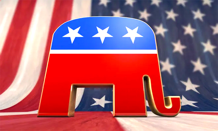 A 3D party symbol of the Republican party is placed against the background of the US national flag.