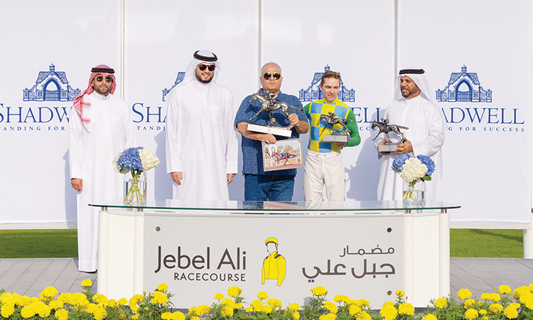 Mohamed Al Ahmed, dignitaries, and winning connections of Qareeb during the presentation for the JARC Sports Day Cup.