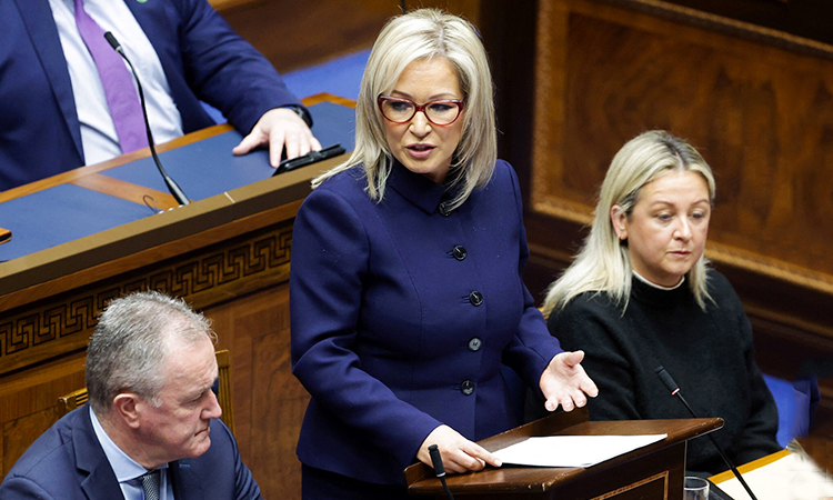 Michelle O'Neil speaks at the Northern Ireland Assembly, at the Parliament Building, in Stormont. AFP