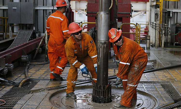 Pemex oil workers set the drill on the Centenario deep-water drilling platform in the Gulf of Mexico of the coast of Veracruz, Mexico.  File/Associated Press