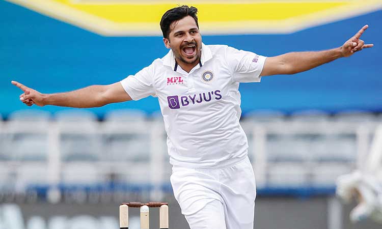 India’s Shardul Thakur celebrates the dismissal of South Africa’s Temba Bavuma during their second Test match.  Agence France-Presse