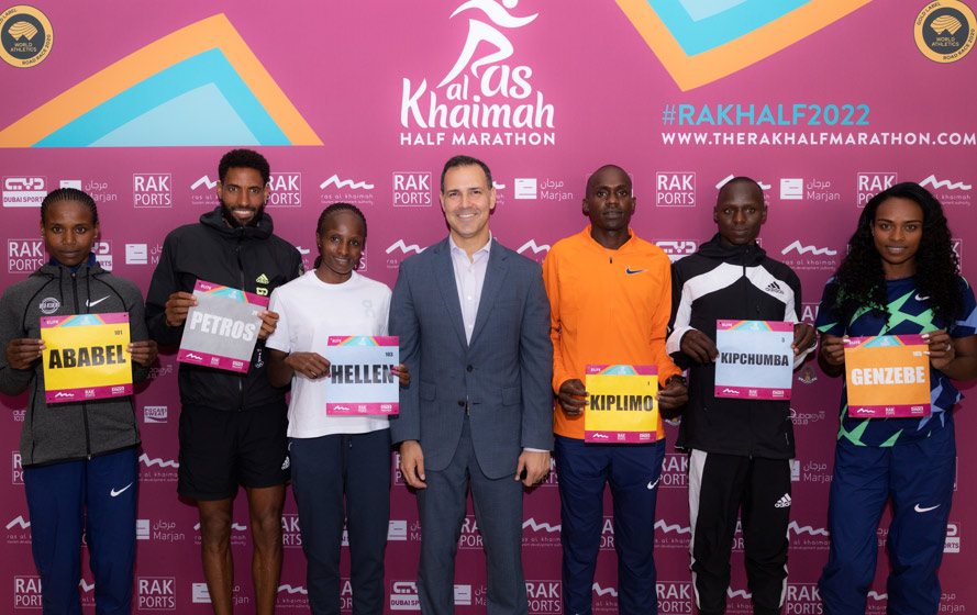 Raki Phillips with the male and female elite runners taking part in the Ras Al Khaimah Half Marathon 2022.