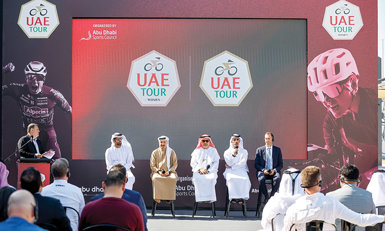 Aref Al Awani, Saeed Hareb and other dignitaries during the press conference at the Abu Dhabi Cycling Club.