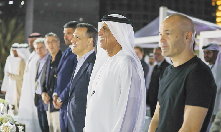 Sheikh Saud Bin Saqr Al Qasimi along with football legend Iniesta and other officials during the opening ceremony of the WMF Minifootball World Cup in Ras Al Khaimah.